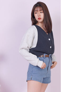 Korean Style Two Tone Oversized Sweater Coat (Navy + Grey)